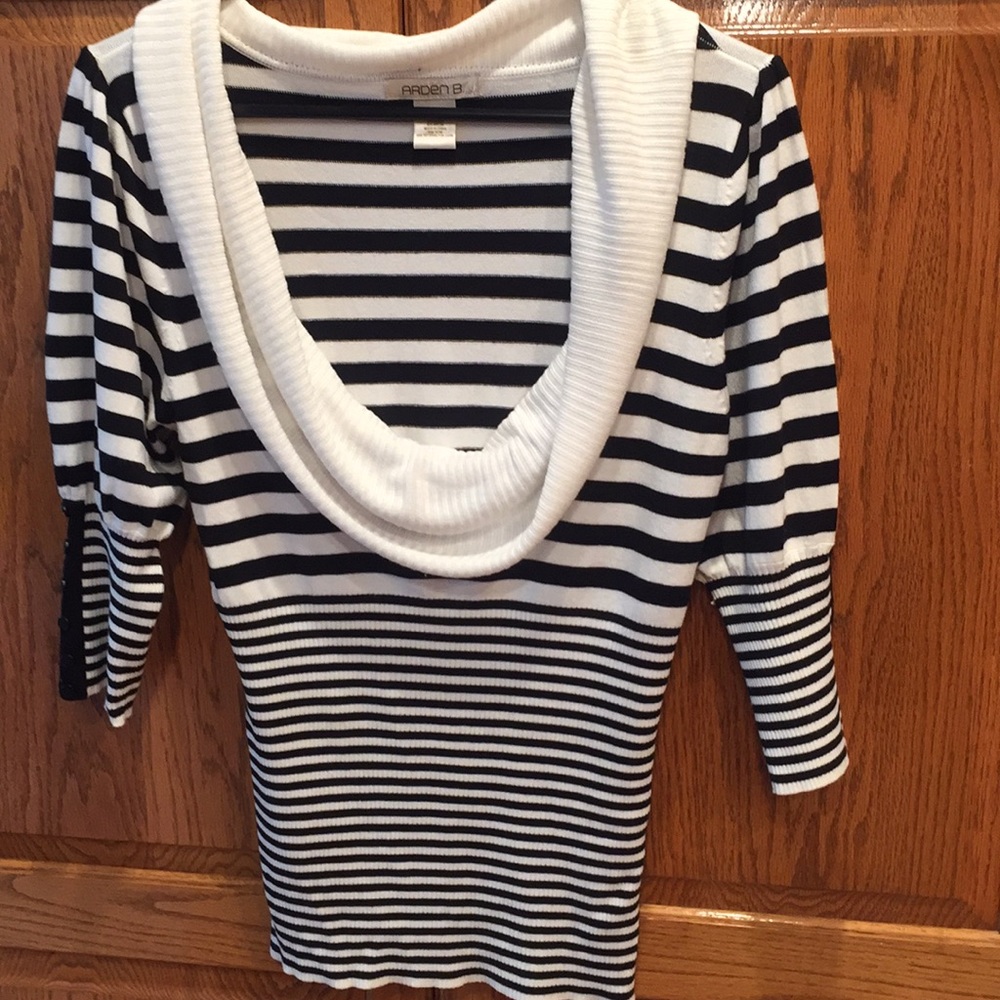 Black and white striped cowl neck sweater